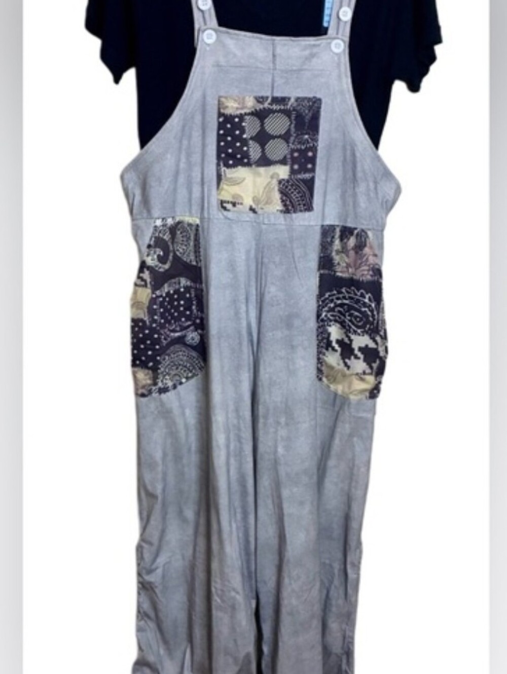 New Floral Mandala Patchwork Grey Adjustable Drawstring Hem Overall/Jumpsuit S/M - Picture 7 of 10